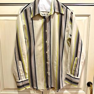 BEN SHERMAN SIZE MEDIUM MENS STRIPED COTTON SHIRT IN CREAM, YELLOW, TAN AND GRAY
